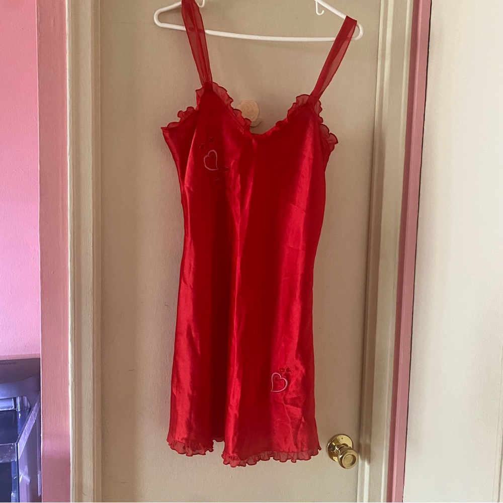 Inner Most Red Satin Nightgown with Heart Embroidery